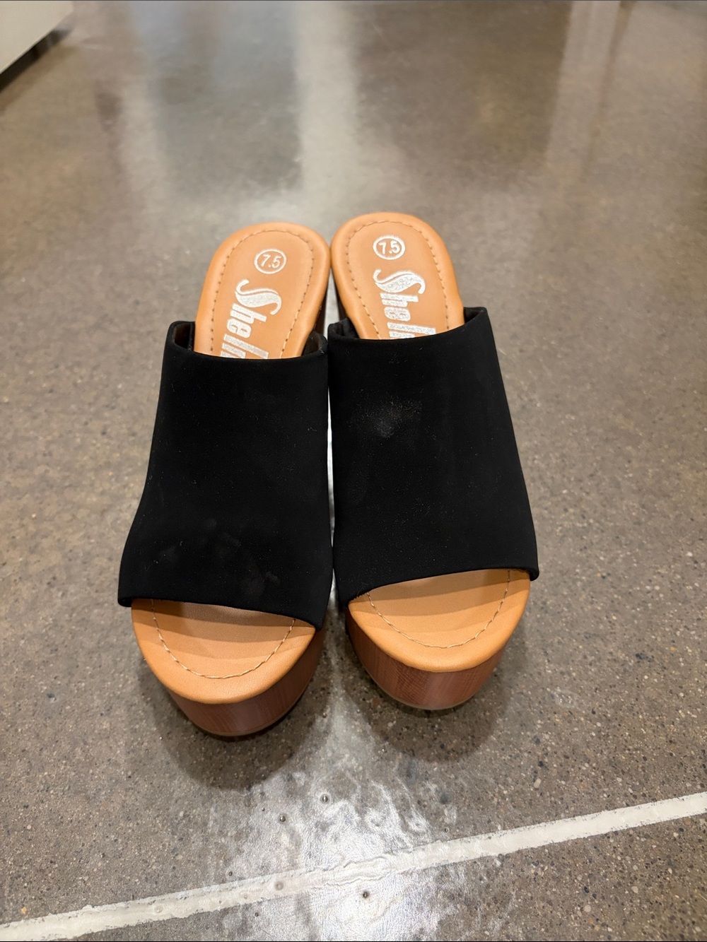 SHEIN Black Suede Slide Platform Mules with Tan Wood-Look Sole
